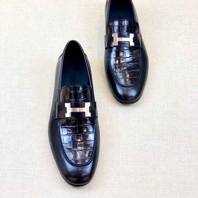 Giày lười Hermes Paris Loafer siêu cấp da rạn màu đen