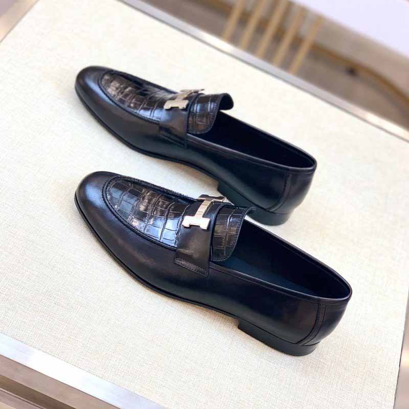 Giày lười Hermes Paris Loafer siêu cấp da rạn màu đen